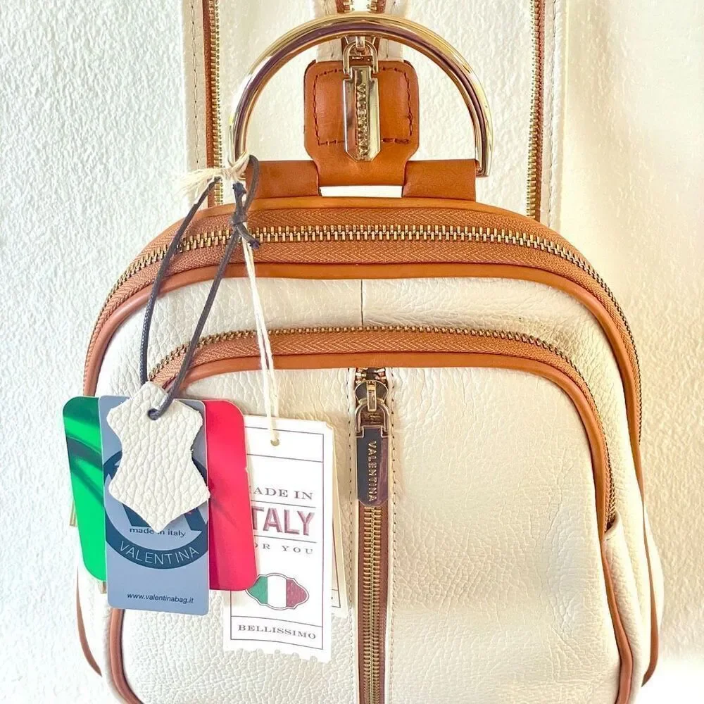 NWT Valentina Genuine Ivory & Tan Pebble Italian Leather Convertible Backpack